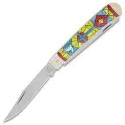 Kissing Crane Stained Glass Trapper Pocket Knife - Stainless Steel Blades, Bone Handle Scales, Nickel Silver Bolsters -Knife Shop D19 KC5885