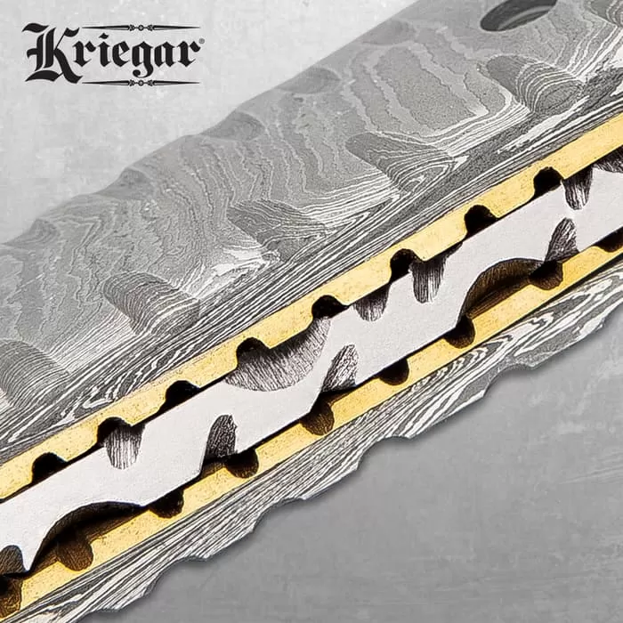 Kriegar Damascus Pocket Knife With Pouch - Damascus Steel Blade, Damascus Steel Handle, Brass Thumbstud - Closed 4 1/2” 5 Kriegar Damascus Pocket Knife With Pouch - Damascus Steel Blade, Damascus Steel Handle, Brass Thumbstud - Closed 4 1/2” - Image 3