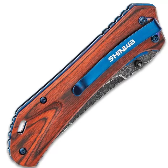 Shinwa Zhanshi Bloodwood Assisted Opening Pocket Knife - Stainless Steel Blade, Wooden Handle Scales, Blue Liners And Pocket Clip 5 Shinwa Zhanshi Bloodwood Assisted Opening Pocket Knife - Stainless Steel Blade, Wooden Handle Scales, Blue Liners And Pocket Clip - Image 3