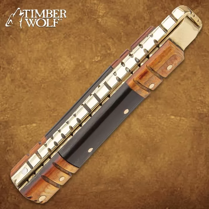 Timber Wolf Brass Barrister Pocket Knife - Damascus Steel Blade, Wooden Handle, Brass Pins And Liners - Closed 4 1/2” 5 Timber Wolf Brass Barrister Pocket Knife - Damascus Steel Blade, Wooden Handle, Brass Pins And Liners - Closed 4 1/2” - Image 3