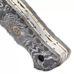 Timber Wolf Steam Pocket Knife - Damascus Steel Blade, Assisted Opening, Damascus Steel Handle, Brass Liners, Rosette Accents 9 Timber Wolf Steam Pocket Knife - Damascus Steel Blade, Assisted Opening, Damascus Steel Handle, Brass Liners, Rosette Accents -Knife Shop D19 TW1207
