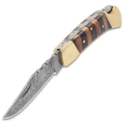 Timber Wolf Copperhead Pocket Knife And Sheath - Damascus Steel Blade, Wooden Handle, Brass Bolsters And Brass Pins -Knife Shop D19 TW1376
