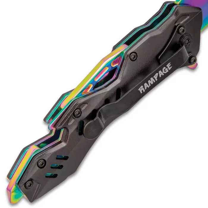 Rampage® Rainbow Atomica Assisted Opening Pocket Knife - Stainless Steel Blade, Aluminum Handle, Bottle Opener, Pocket Clip - Closed 4 3/4” 5 Rampage® Rainbow Atomica Assisted Opening Pocket Knife - Stainless Steel Blade, Aluminum Handle, Bottle Opener, Pocket Clip - Closed 4 3/4” - Image 3