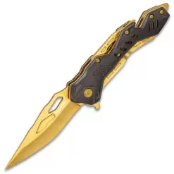 Rampage Gold Atomica Assisted Opening Pocket Knife - Stainless Steel Blade, Aluminum Handle, Bottle Opener, Pocket Clip - Closed 4 3/4” -Knife Shop D19 UC3306