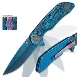 Shadow Warrior Assisted Opening Pocket Knife | DamascTec Steel Blade | Blue And Rainbow -Knife Shop E19 BK3531