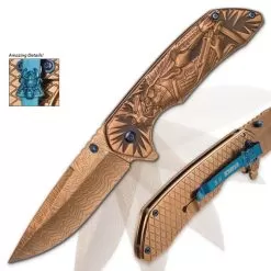 Shadow Warrior Assisted Opening Pocket Knife | DamascTec Steel Blade | Gold And Blue 10 Shadow Warrior Assisted Opening Pocket Knife | DamascTec Steel Blade | Gold And Blue -Knife Shop E19 BK3534