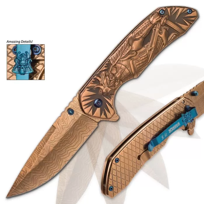 Shadow Warrior Assisted Opening Pocket Knife | DamascTec Steel Blade | Gold And Blue 6 Shadow Warrior Assisted Opening Pocket Knife | DamascTec Steel Blade | Gold And Blue - Image 4
