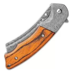 Boot Hill Razor Pocket Knife - Damascus Pattern Steel Blade, Wooden Handle Scales, Assisted Opening, Damascus Bolsters, Pocket Clip -Knife Shop E19 BK4904