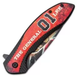 General Lee Pocket Knife - Printed Stainless Steel Blade, Aluminum Handle, Wooden Facing, Pocket Clip - Closed 4 1/2” -Knife Shop E19 BK5600