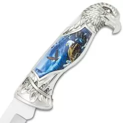 Winter Eagle Pocket Knife - 3Cr13 Stainless Steel Blade, Sculpted Cast Metal And TPU Handle, Eagle Artwork - Closed 5” -Knife Shop E19 BK5860