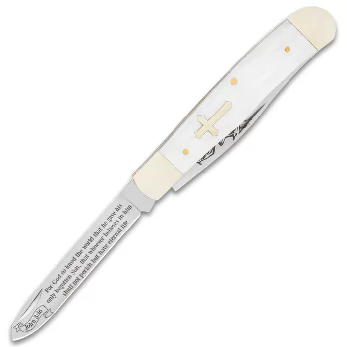 Salvation Pearl Trapper Pocket Knife - Stainless Steel Blades, Faux Pearl Handle Scales, Nickel Silver Bolsters - Closed 4” 6 Salvation Pearl Trapper Pocket Knife - Stainless Steel Blades, Faux Pearl Handle Scales, Nickel Silver Bolsters - Closed 4” - Image 4