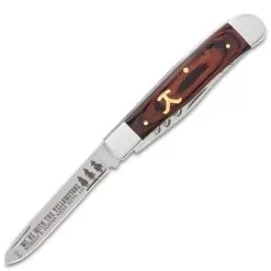 Ranch Hand Trapper Pocket Knife - Stainless Steel Blades, Laser-Etched Art, Wooden Handle Scales, Brass Pins -Knife Shop E19 BK5995