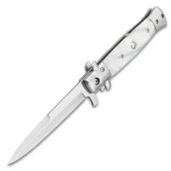 Kriegar German White Pearl Stiletto Knife - Stainless Steel Blade, Assisted Opening, Faux Pearl Handle, Stainless Bolsters And Pins -Knife Shop E19 KG222