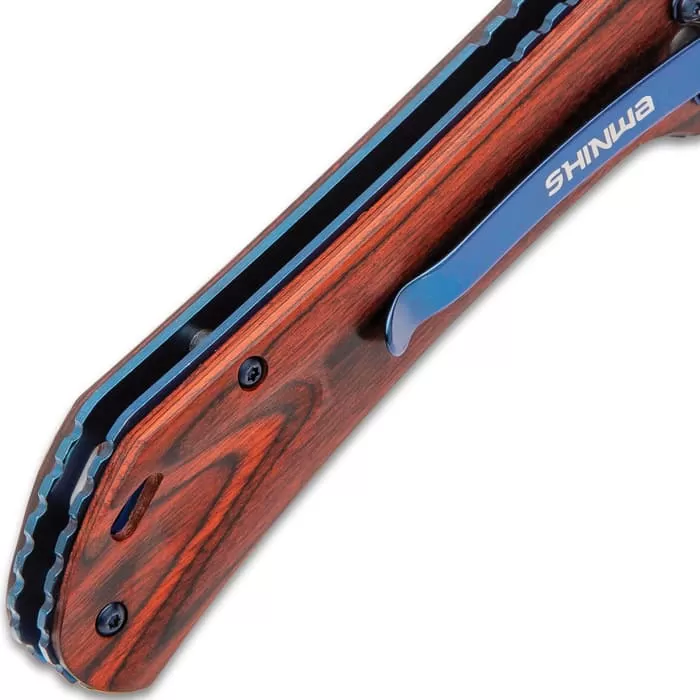 Shinwa Zhanshi Bloodwood Assisted Opening Pocket Knife - Stainless Steel Blade, Wooden Handle Scales, Blue Liners And Pocket Clip 6 Shinwa Zhanshi Bloodwood Assisted Opening Pocket Knife - Stainless Steel Blade, Wooden Handle Scales, Blue Liners And Pocket Clip - Image 4