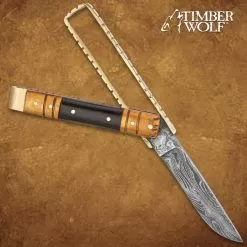 Timber Wolf Brass Barrister Pocket Knife - Damascus Steel Blade, Wooden Handle, Brass Pins And Liners - Closed 4 1/2” 12 Timber Wolf Brass Barrister Pocket Knife - Damascus Steel Blade, Wooden Handle, Brass Pins And Liners - Closed 4 1/2” -Knife Shop E19 TW1195