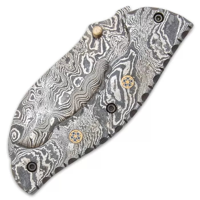Timber Wolf Steam Pocket Knife - Damascus Steel Blade, Assisted Opening, Damascus Steel Handle, Brass Liners, Rosette Accents 6 Timber Wolf Steam Pocket Knife - Damascus Steel Blade, Assisted Opening, Damascus Steel Handle, Brass Liners, Rosette Accents - Image 4