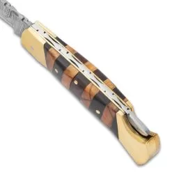 Timber Wolf Copperhead Pocket Knife And Sheath - Damascus Steel Blade, Wooden Handle, Brass Bolsters And Brass Pins -Knife Shop E19 TW1376