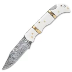 Timber Wolf Ivory Coast Pocket Knife - Damascus Steel Blade, Bone Handle Scales, Brass Fileworked Spacers - Closed 3 3/4" -Knife Shop E19 TW1396