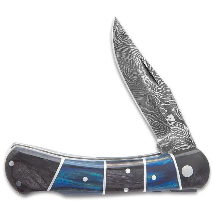 Timber Wolf Rainshadow Handmade Pocket Knife / Folder - Hand Forged Damascus Steel, File Worked Scalloping - Royal Blue And Smoky Black / Gray Pakkawood - Collectible, Everyday Carry, Gift - 4" Closed 6 Timber Wolf Rainshadow Handmade Pocket Knife / Folder - Hand Forged Damascus Steel, File Worked Scalloping - Royal Blue And Smoky Black / Gray Pakkawood - Collectible, Everyday Carry, Gift - 4" Closed - Image 4