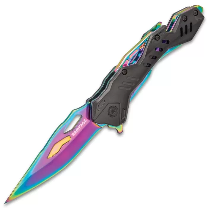 Rampage® Rainbow Atomica Assisted Opening Pocket Knife - Stainless Steel Blade, Aluminum Handle, Bottle Opener, Pocket Clip - Closed 4 3/4” 6 Rampage® Rainbow Atomica Assisted Opening Pocket Knife - Stainless Steel Blade, Aluminum Handle, Bottle Opener, Pocket Clip - Closed 4 3/4” - Image 4