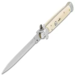 Automatic Italian Ivory Stiletto Knife With Pouch - Stainless Steel Blade, Faux Ivory Handle, Brass Pins - Length 13" -Knife Shop F04 VB2310
