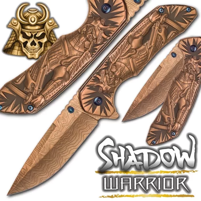 Shadow Warrior Assisted Opening Pocket Knife | DamascTec Steel Blade | Gold And Blue 7 Shadow Warrior Assisted Opening Pocket Knife | DamascTec Steel Blade | Gold And Blue - Image 5