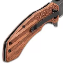 American Flag Pocket Knife - Stonewashed Black Stainless Steel Blade, Engraved Wooden Handle Scales, Pocket Clip -Knife Shop F19 BK4859