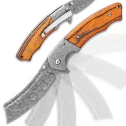 Boot Hill Razor Pocket Knife - Damascus Pattern Steel Blade, Wooden Handle Scales, Assisted Opening, Damascus Bolsters, Pocket Clip -Knife Shop F19 BK4904