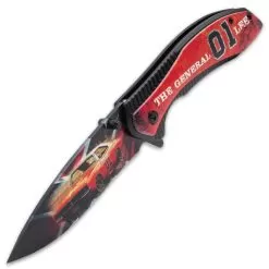 General Lee Pocket Knife - Printed Stainless Steel Blade, Aluminum Handle, Wooden Facing, Pocket Clip - Closed 4 1/2” -Knife Shop F19 BK5600