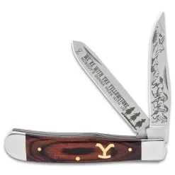 Ranch Hand Trapper Pocket Knife - Stainless Steel Blades, Laser-Etched Art, Wooden Handle Scales, Brass Pins -Knife Shop F19 BK5995