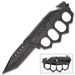 Black Folding Knuckle Knife - Stainless Steel Blade, ABS Handle, Seatbelt Cutter, Glass Breaker - Closed Length 5 1/4” -Knife Shop F19 BV575