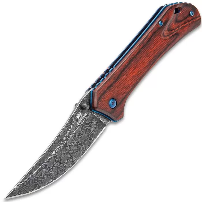 Shinwa Zhanshi Bloodwood Assisted Opening Pocket Knife - Stainless Steel Blade, Wooden Handle Scales, Blue Liners And Pocket Clip 7 Shinwa Zhanshi Bloodwood Assisted Opening Pocket Knife - Stainless Steel Blade, Wooden Handle Scales, Blue Liners And Pocket Clip - Image 5