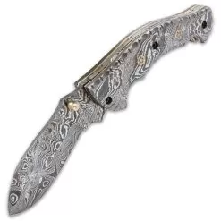 Timber Wolf Steam Pocket Knife - Damascus Steel Blade, Assisted Opening, Damascus Steel Handle, Brass Liners, Rosette Accents 11 Timber Wolf Steam Pocket Knife - Damascus Steel Blade, Assisted Opening, Damascus Steel Handle, Brass Liners, Rosette Accents -Knife Shop F19 TW1207