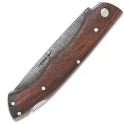 Timber Wolf Renegade Pocket Knife And Sheath - Damascus Stainless Steel Blade, Wooden Handle Scales, Fileworked Back -Knife Shop F19 TW1375