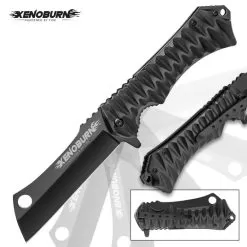 Xenoburn Assisted Opening Cleaver Pocket Knife - Black Titanium Coated Steel Blade, Textured TPU Handle, Pocket Clip, Lanyard Hole -Knife Shop G19 BK4288