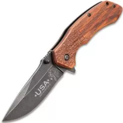 American Flag Pocket Knife - Stonewashed Black Stainless Steel Blade, Engraved Wooden Handle Scales, Pocket Clip -Knife Shop G19 BK4859