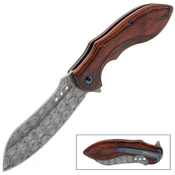 Shinwa Kikori Pocket Knife - Damascus Pattern Steel Blade, Wooden Handle Scales, Assisted Opening, Pocket Clip 8 Shinwa Kikori Pocket Knife - Damascus Pattern Steel Blade, Wooden Handle Scales, Assisted Opening, Pocket Clip - Image 6