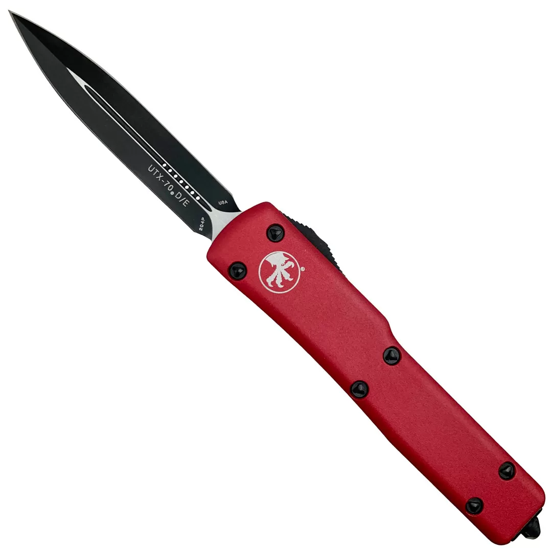 Microtech Red UTX70 OTF Knife, Double Edge Black Plain Blade 3 Microtech Red UTX70 OTF Knife, Double Edge Black Plain Blade