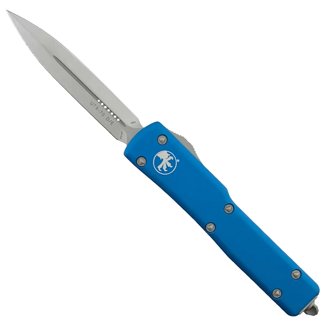 Microtech Blue UTX70 OTF Knife, Double Edge Stonewash Finish 3 Microtech Blue UTX70 OTF Knife, Double Edge Stonewash Finish