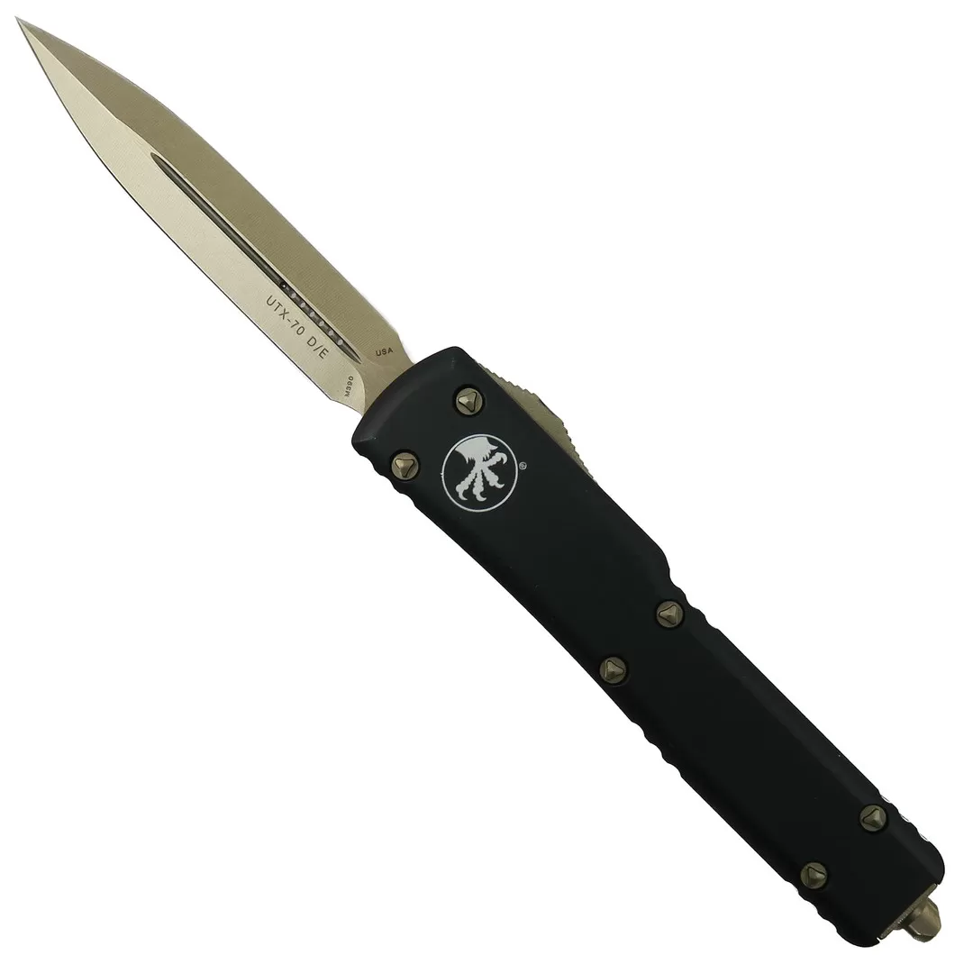 Microtech Black UTX-70 OTF Auto Knife, Bronze Dagger Blade 3 Microtech Black UTX-70 OTF Auto Knife, Bronze Dagger Blade