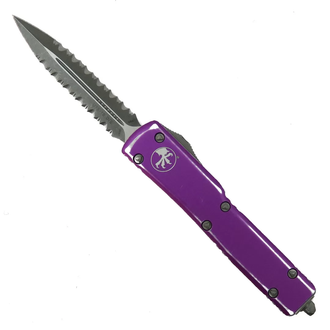 Microtech Distressed Violet UTX-70 OTF Auto Knife, Apocalyptic Double Full Serrated 3 Microtech Distressed Violet UTX-70 OTF Auto Knife, Apocalyptic Double Full Serrated